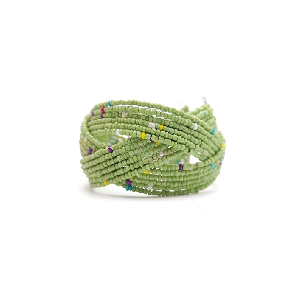 Green Seed Bead Coil Bracelet‎ Boho Multi Strand Cuff - Picture 4 of 5